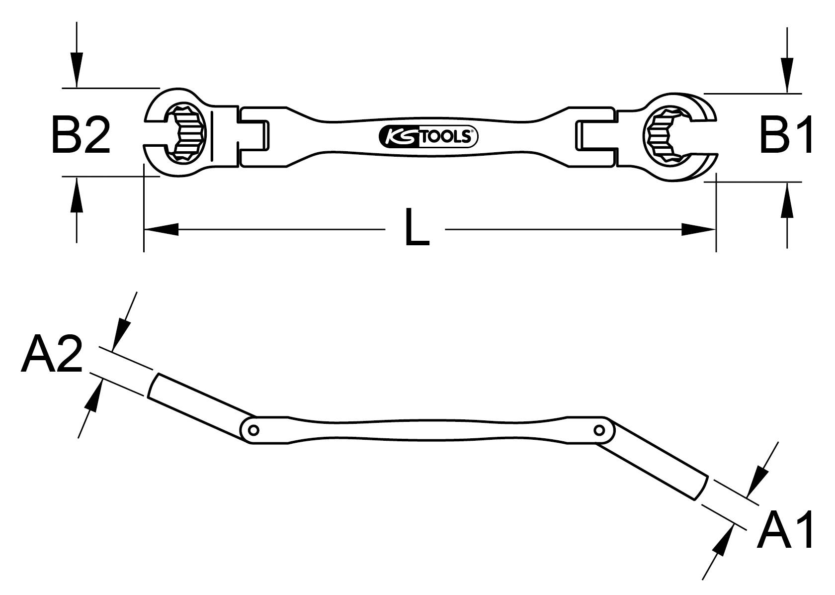 Zeichnung eines Doppelringschlüssels mit Maßen: Länge (L), Enden B1 und B2, Seitenansicht mit Winkeln A1 und A2, Marke KS Tools.
