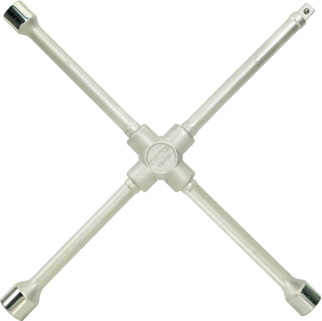 Ein Kreuzschlüssel mit vier Armen, der zum Lösen und Festziehen von Radmuttern verwendet wird. Besteht aus stabilem Metall.