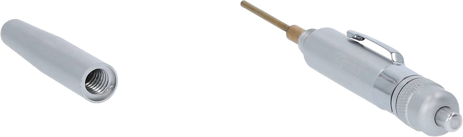 Zwei silberne Metallteile eines Werkzeugs, links eine Kappe mit Gewinde, rechts ein längliches Teil mit Griff und spitzem Ende.