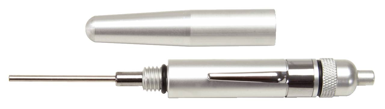 Silbernes Präzisionswerkzeug mit abnehmbarem Deckel, zeigt eine lange, dünne Spitze und einen Drehmechanismus.