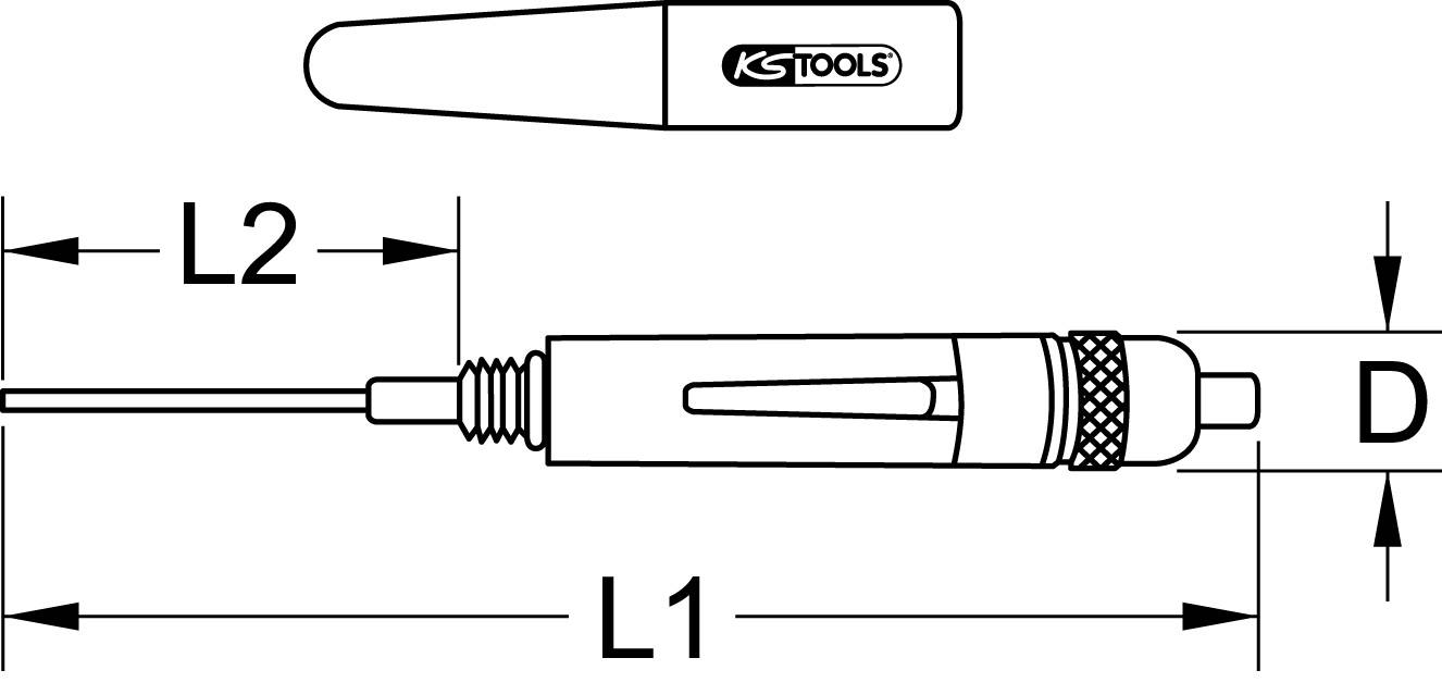 Eine technische Zeichnung eines Werkzeugs, das wie ein Schraubendreher aussieht, mit den Markierungen L1, L2 und D für die Dimensionen.