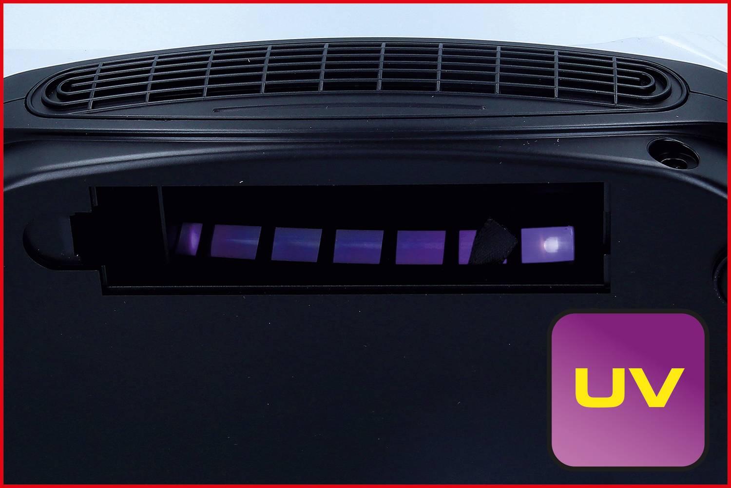 Ein UV-Licht-Indikator in einem Gerät, zeigt aktivierten UV-Modus mit einer violetten Leuchtanzeige.