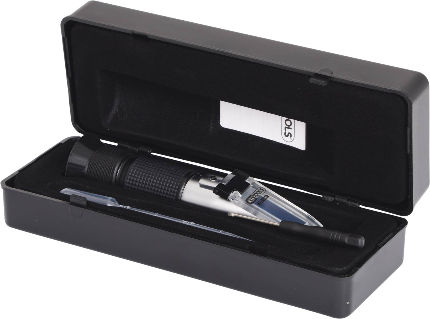 Handrefraktometer in offener schwarzer Box mit Pipette, zur Messung von Flüssigkeitsdichten, angezeigt durch Skala auf der Linse.