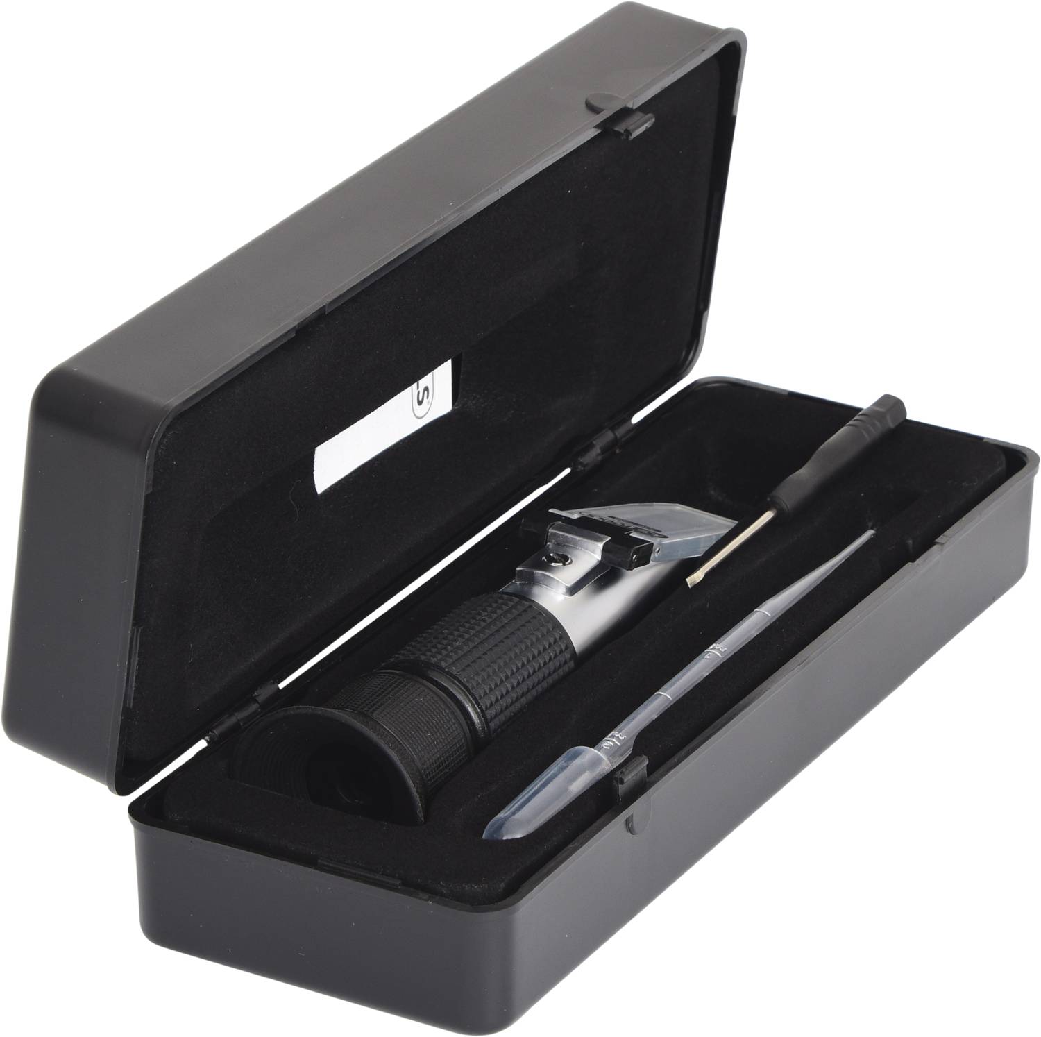 Ein tragbares Refraktometer in einem offenen schwarzen Etui, begleitet von einer kleinen Pipette und einem Schraubendreher.