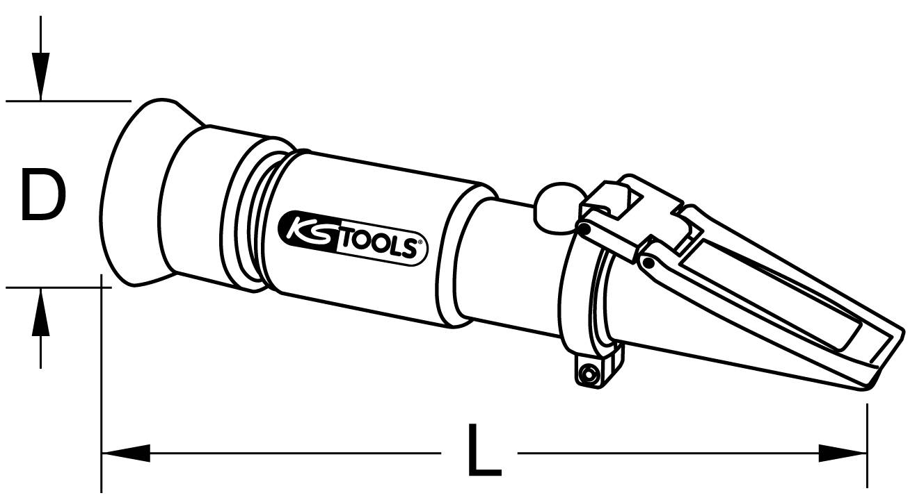 Abbildung eines KS Tools Refraktometers mit Markierungen für Höhe 'D' und Länge 'L'. Gerät zum Messen von Flüssigkeitseigenschaften.
