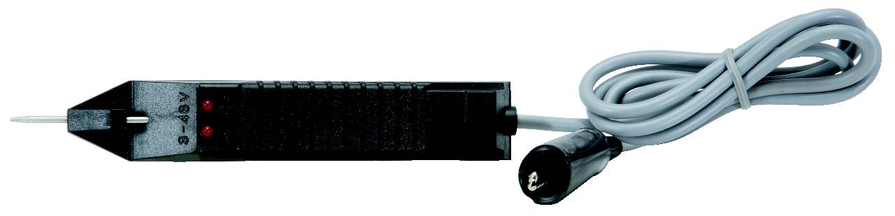 Messgerät mit Metallspitze und grauem Kabel, Ampere-Anzeige auf schwarzem Gehäuse.