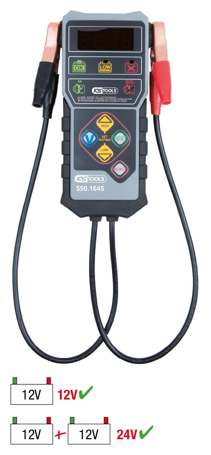 Batterietester mit Klemmen in Schwarz. Zeigt Symbole und LEDs für Batteriezustand. Geeignet für 12V und 24V Batterien.