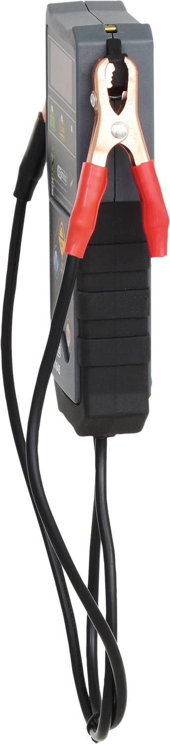 Batterietester mit rotem und schwarzem Kabel, verwendet zur Überprüfung des Ladezustands von Batterien.