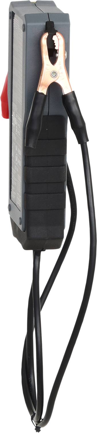 Graues Batterieladegerät mit schwarzem Gehäuse und Kupferklemmen, von der Seite gesehen.