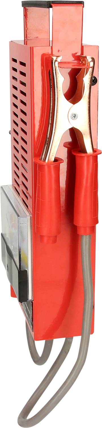 Rotes Batterie-Ladegerät mit Kabeln und Klemmen, geeignet zum Aufladen von Fahrzeugbatterien, isolierte Griffe für Sicherheit.