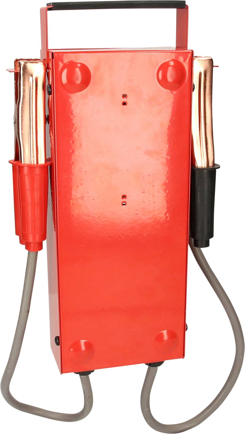 Rotes elektrisches Gerät mit zwei Metallhaltern und Anschlüssen an der Seite, möglicherweise ein Werkzeug oder Gerät für industrielle Anwendungen.
