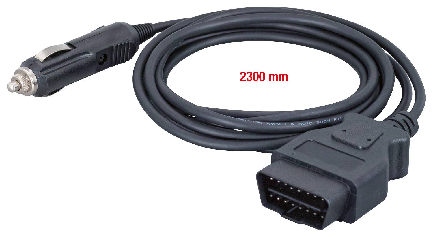 Langes Anschlusskabel für Kfz-Diagnose. Links: Kfz-Stecker. Rechts: OBD-II-Stecker. Kabelkennzeichnung: '2300 mm'.