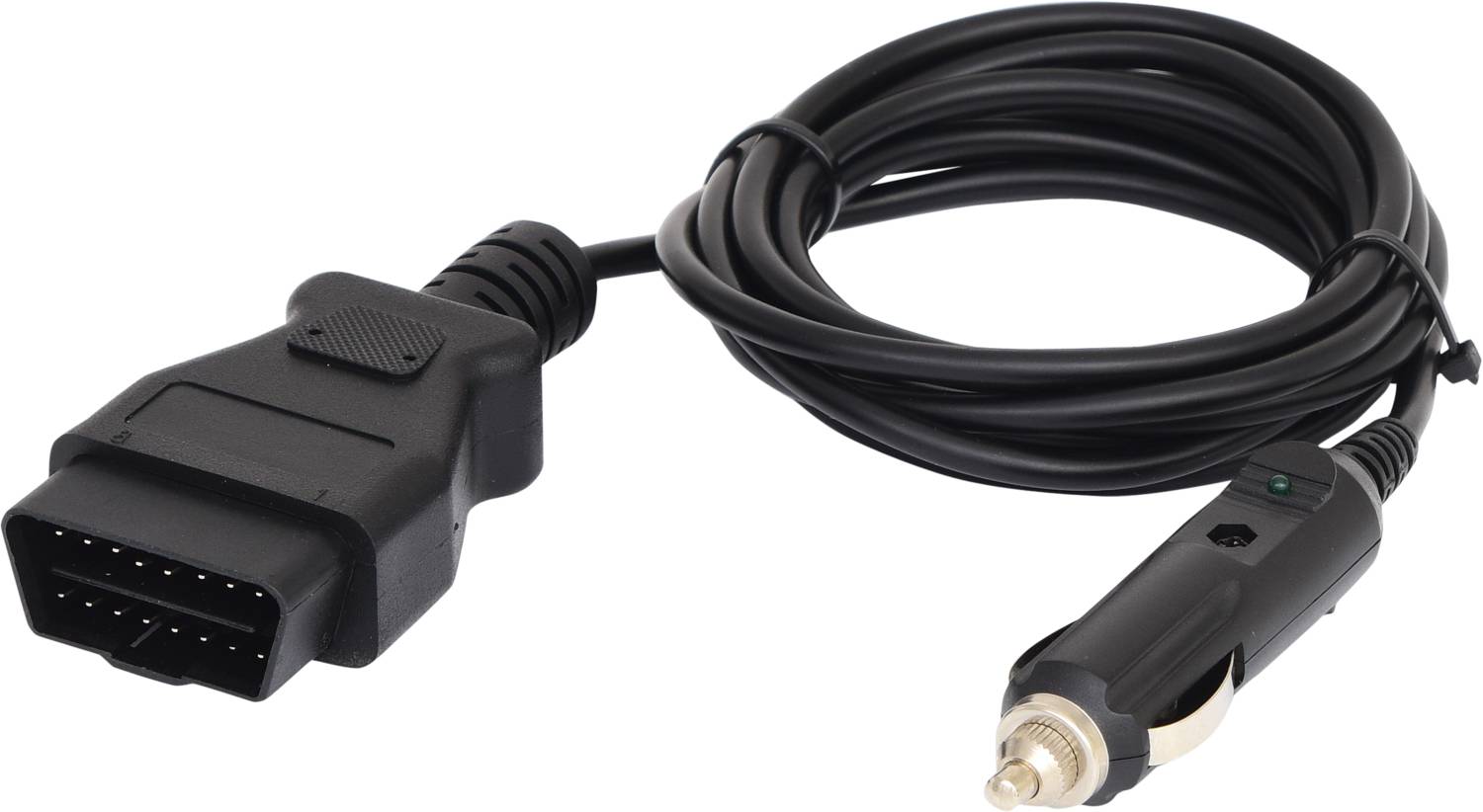 Ein schwarzes OBD-II-Diagnosekabel, verbunden mit einem Kfz-Ladegerät-Stecker. Zum Anschließen an Fahrzeugdiagnosegeräte.