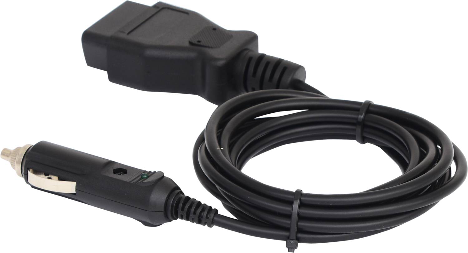Schwarzes OBD2-Diagnosekabel mit Stecker für den Zigarettenanzünder, verwendet zur Fahrzeugdiagnose.