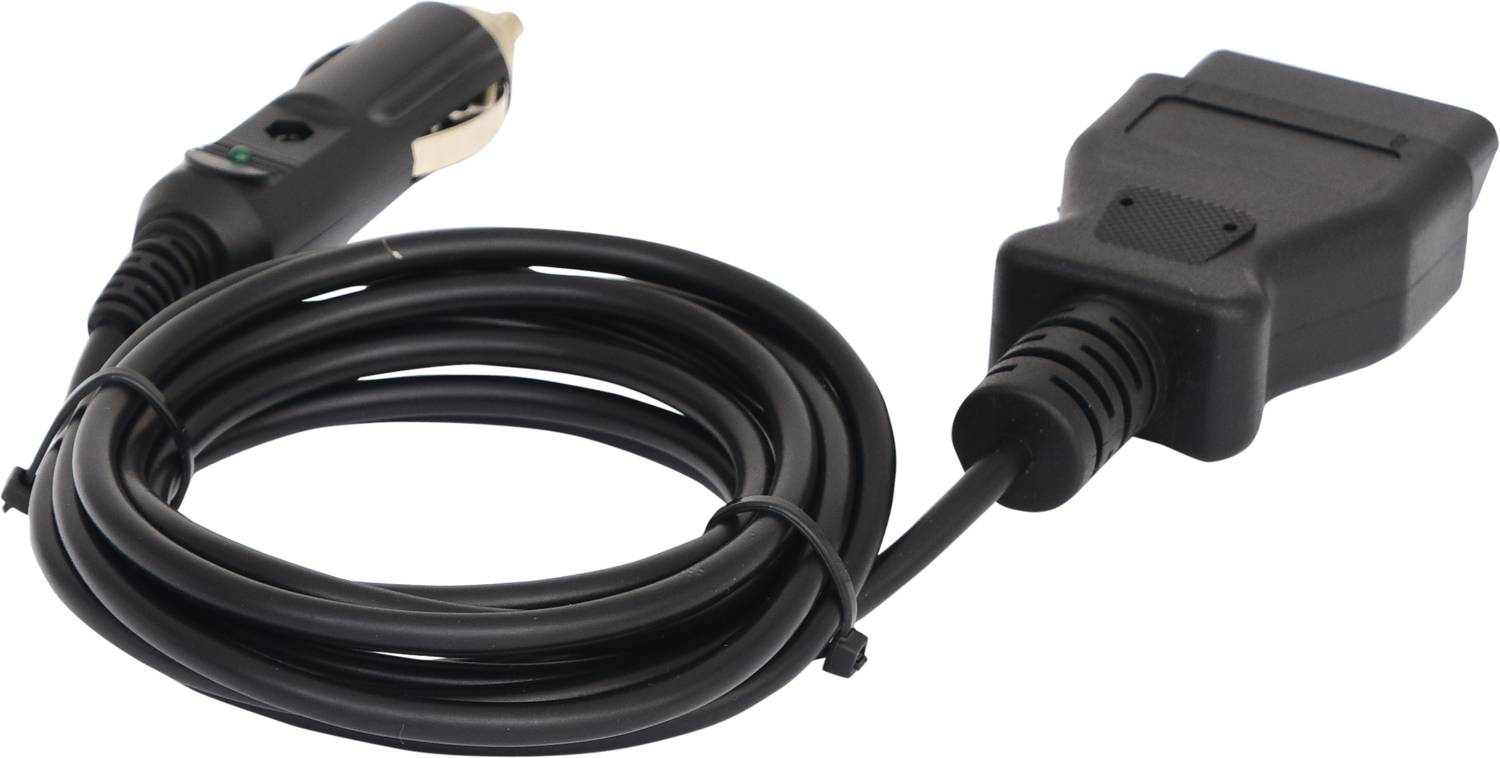 Ein schwarzes OBD-Kabel mit einem Zigarettenanzünder-Stecker und einem OBDII-Stecker zum Verbinden von Fahrzeugen mit Diagnosegeräten.