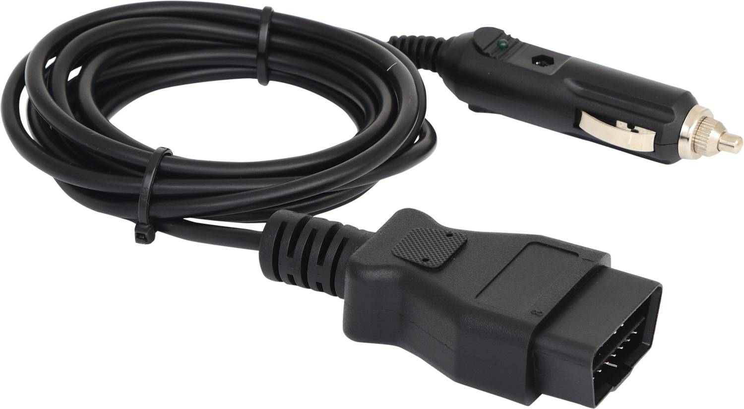 Ein schwarzes Kabel mit einem OBD-II-Stecker auf der einen Seite und einem Zigarettenanzünder-Stecker auf der anderen Seite.