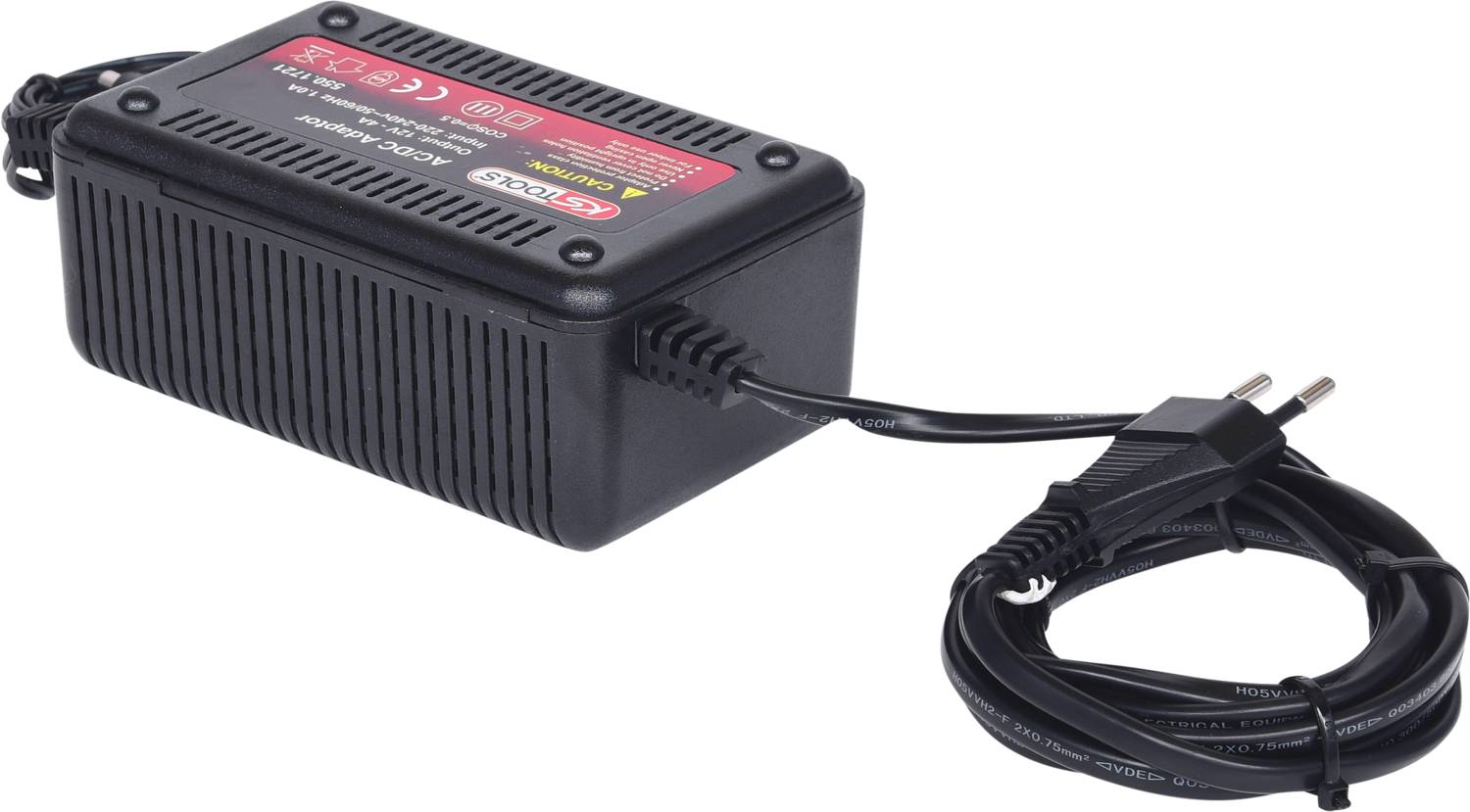 Schwarzes Netzteil mit Kabel und Stecker, geeigneterweise für elektronische Geräte. Text auf der Oberseite ist nicht lesbar.