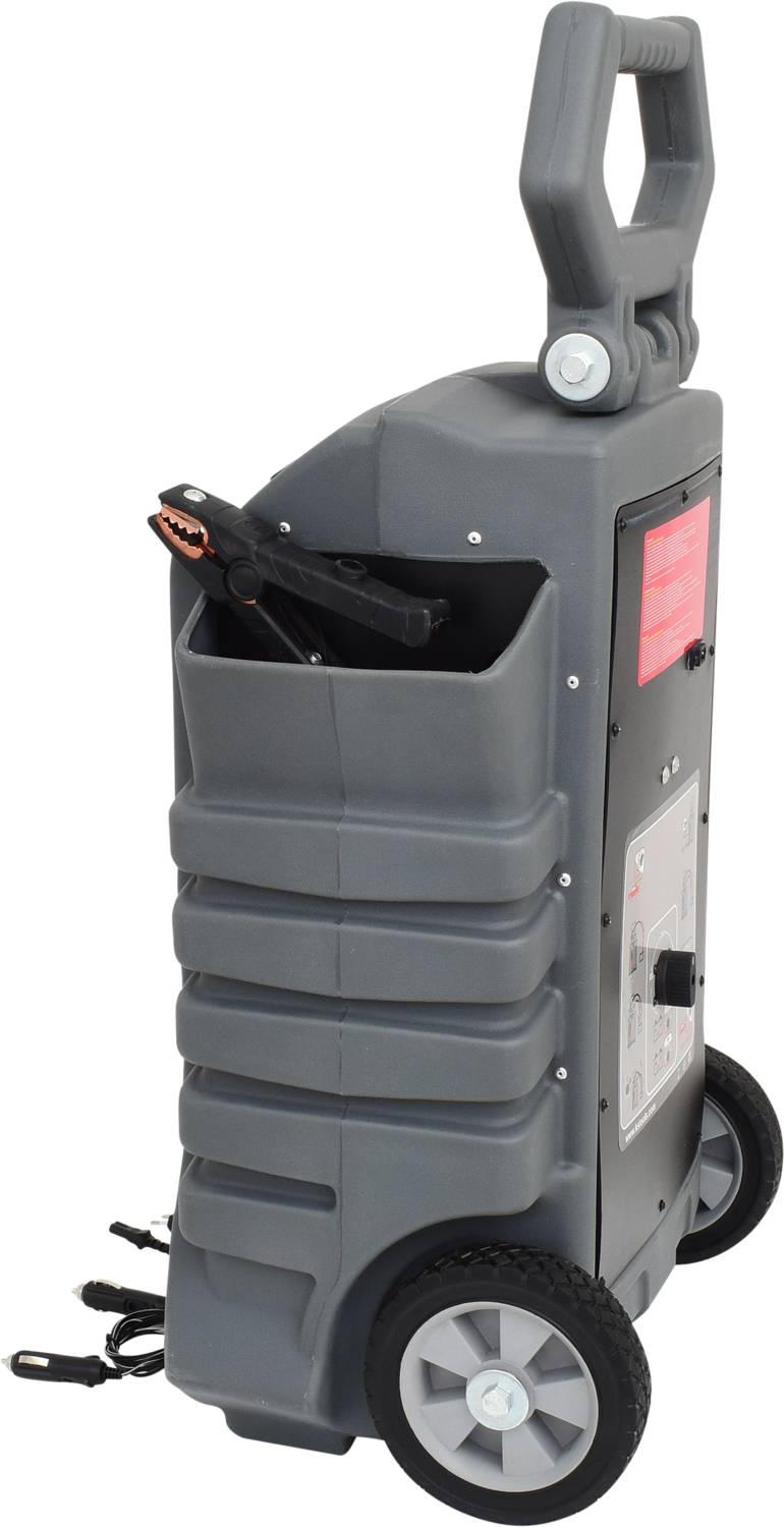 Grau-schwarzes tragbares Starthilfegerät mit Griff und Rädern, zeigt Kabel und Schalter an der Vorderseite.