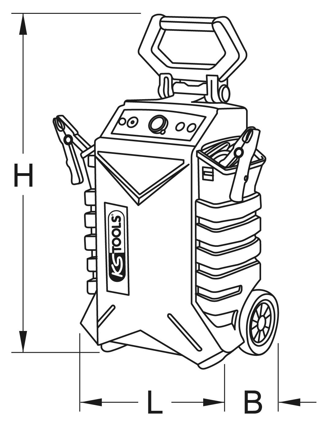 Ein Ladegerät für Autobatterien mit Griff und Klemmen, markiert mit 'KS Tools'. Höhe (H) und Breite (B) sind gekennzeichnet.