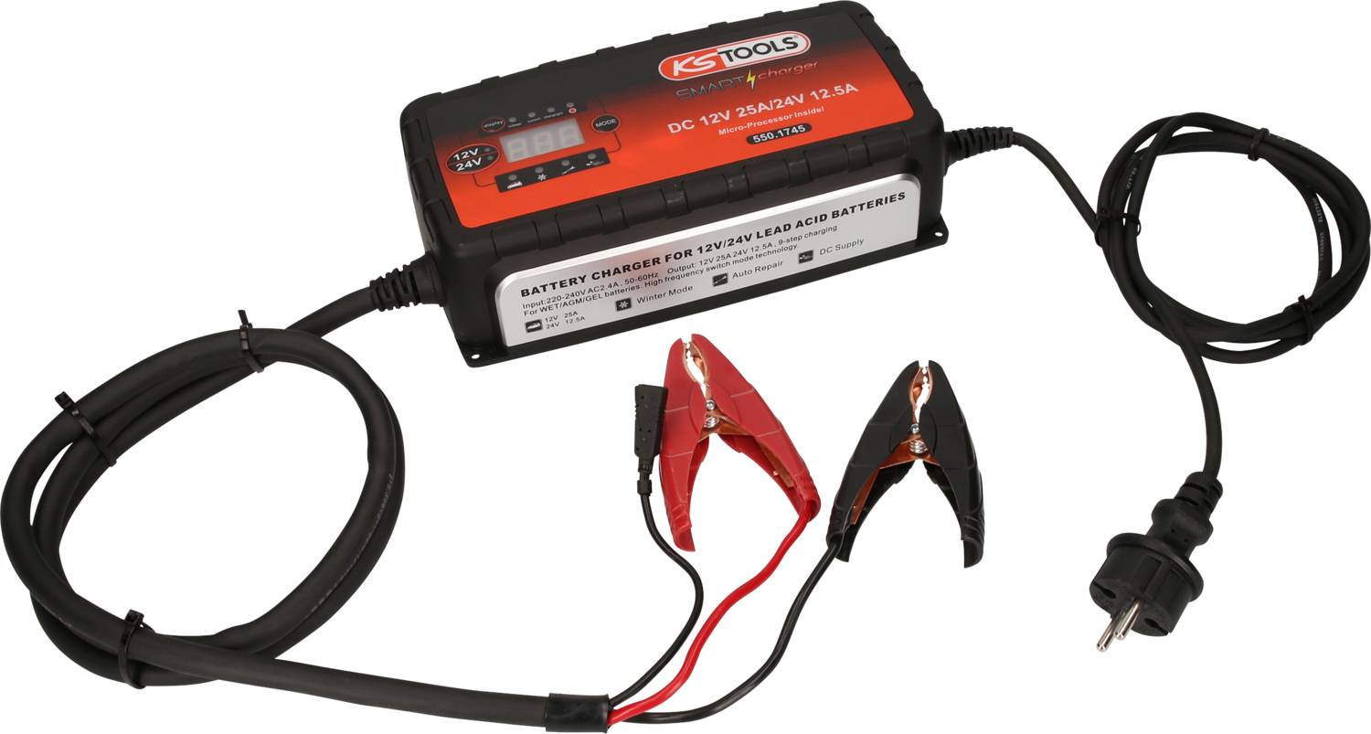 KS Tools 12V + 24V SMARTcharger Hochfrequenz-Batterieladegerät 25A/12,5A 550.1745