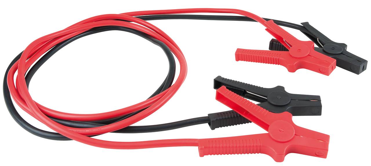 Rotes und schwarzes Starthilfekabel mit angeschlossenen Klemmen.