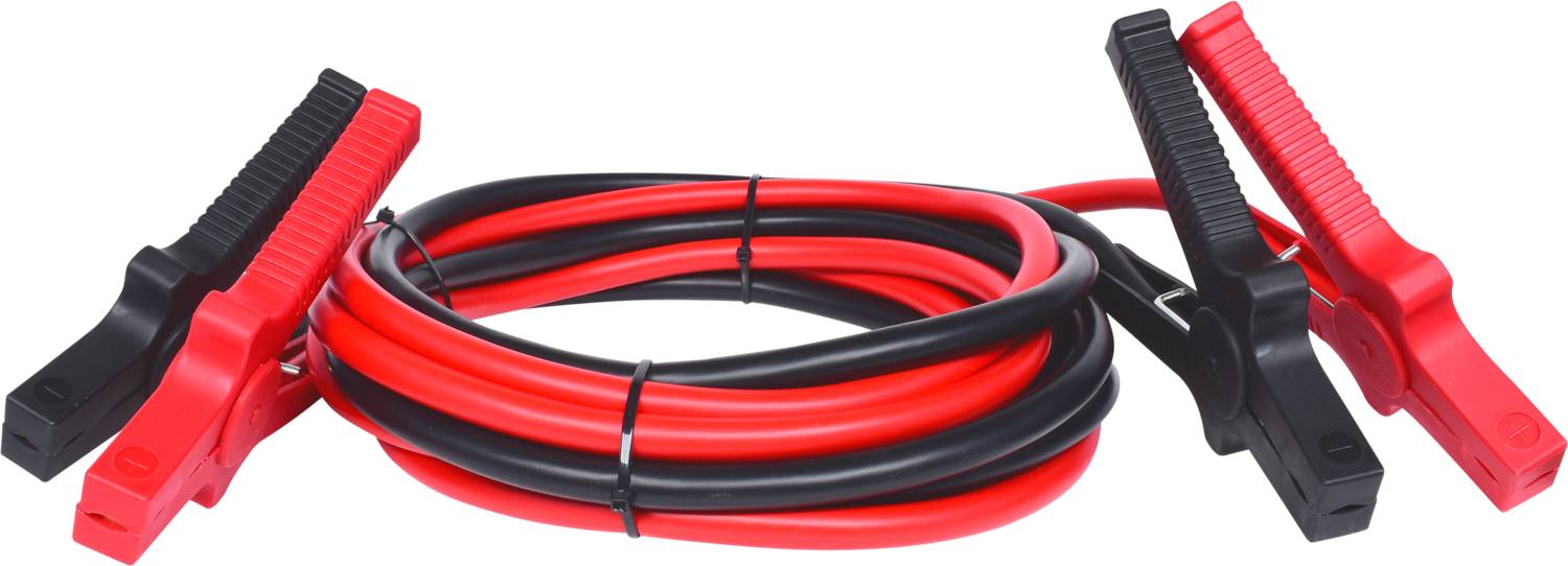 Starthilfekabel mit roten und schwarzen Klemmen, aufgerollt und bereit zur Verwendung, zur Überbrückung von Autobatterien.