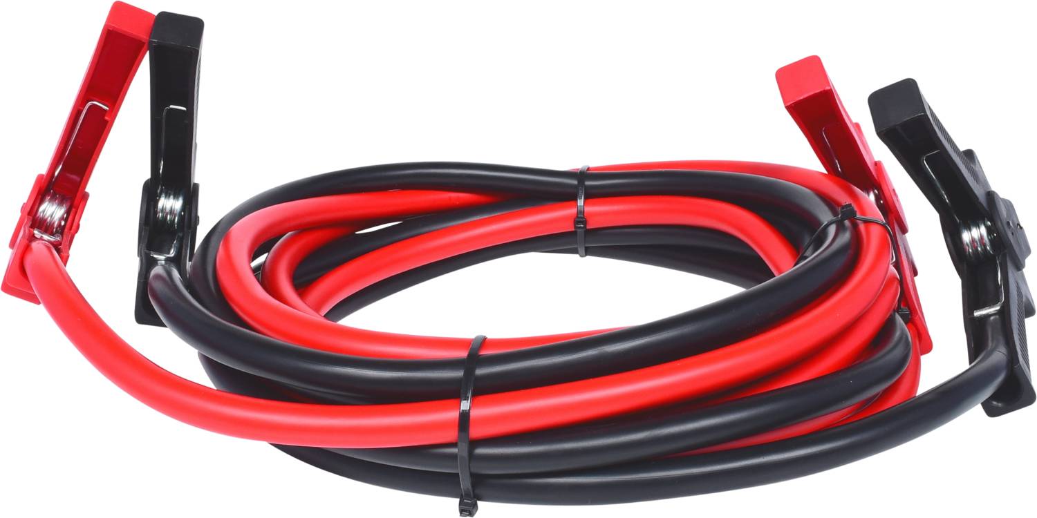Rotes und schwarzes Starthilfekabel mit Metallklemmen, zusammengerollt.