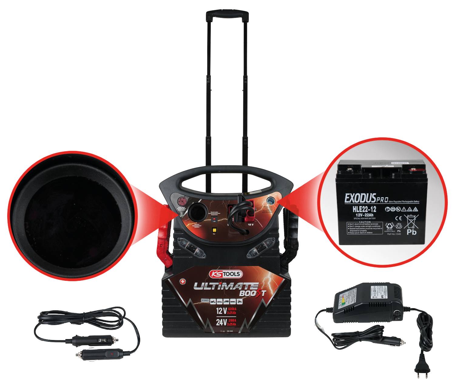 Tragbares Starthilfegerät mit Anzeige, Kabeln, Ersatzakku und Ladegerät. Geeignet für 12V und 24V Fahrzeuge.