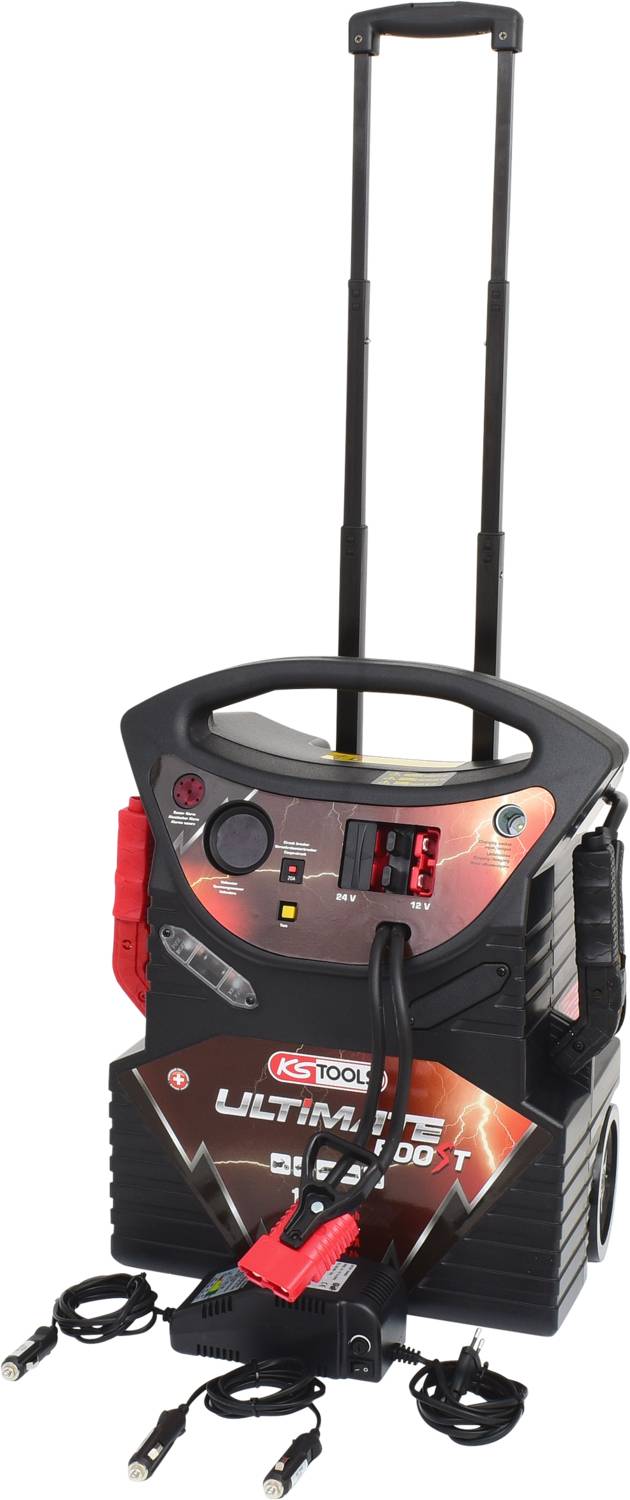 Tragbares Starthilfegerät mit Griff und Anzeige, rot-schwarze Tasten, zwei Kabel mit Klemmen an der Vorderseite.