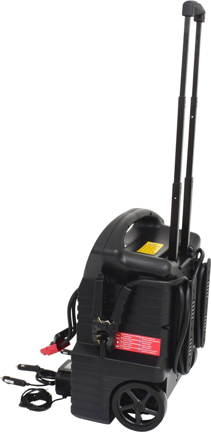 Ein tragbarer Hochdruckreiniger mit Rädern und Teleskopgriff, schwarzes Gehäuse, Kabel und Schläuche ordentlich verstaut.