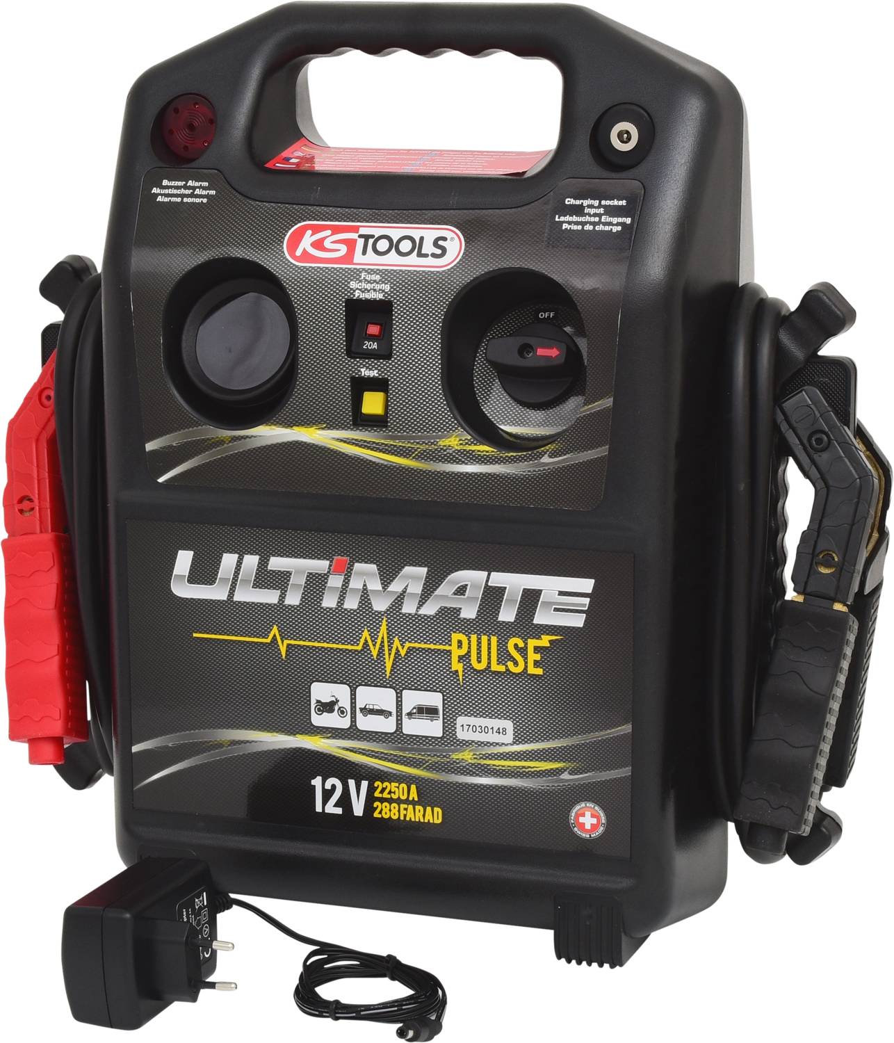 Starthilfe-Powerbank in Schwarz mit Griff, zwei Anschlussklemmen in Rot und Schwarz, sowie Ladegerät. Markenlogo oben.