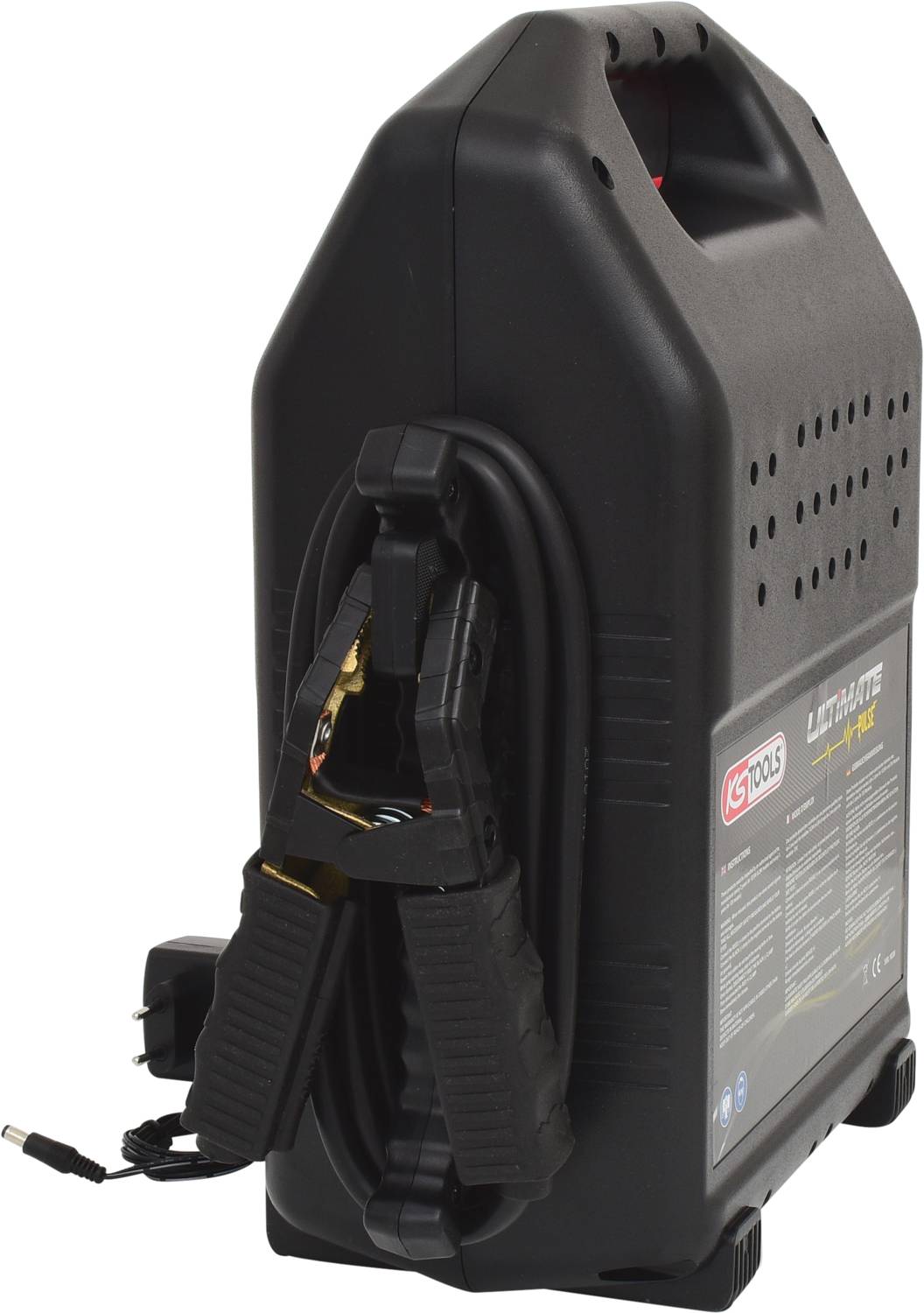 Ein tragbares Ladegerät mit Kabel, geeignet zum Aufladen von Fahrzeugbatterien. Es ist schwarz und hat einen handlichen Griff.