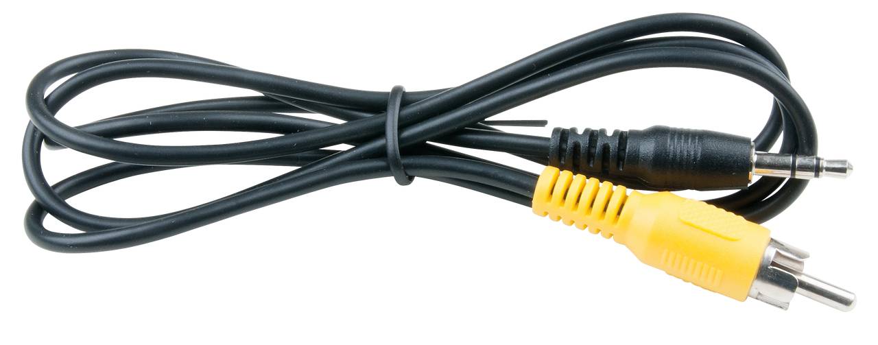 Ein schwarzes Kabel mit einem gelben RCA-Stecker und einem schwarzen Klinkenstecker zur Audio- oder Videoverbindung.