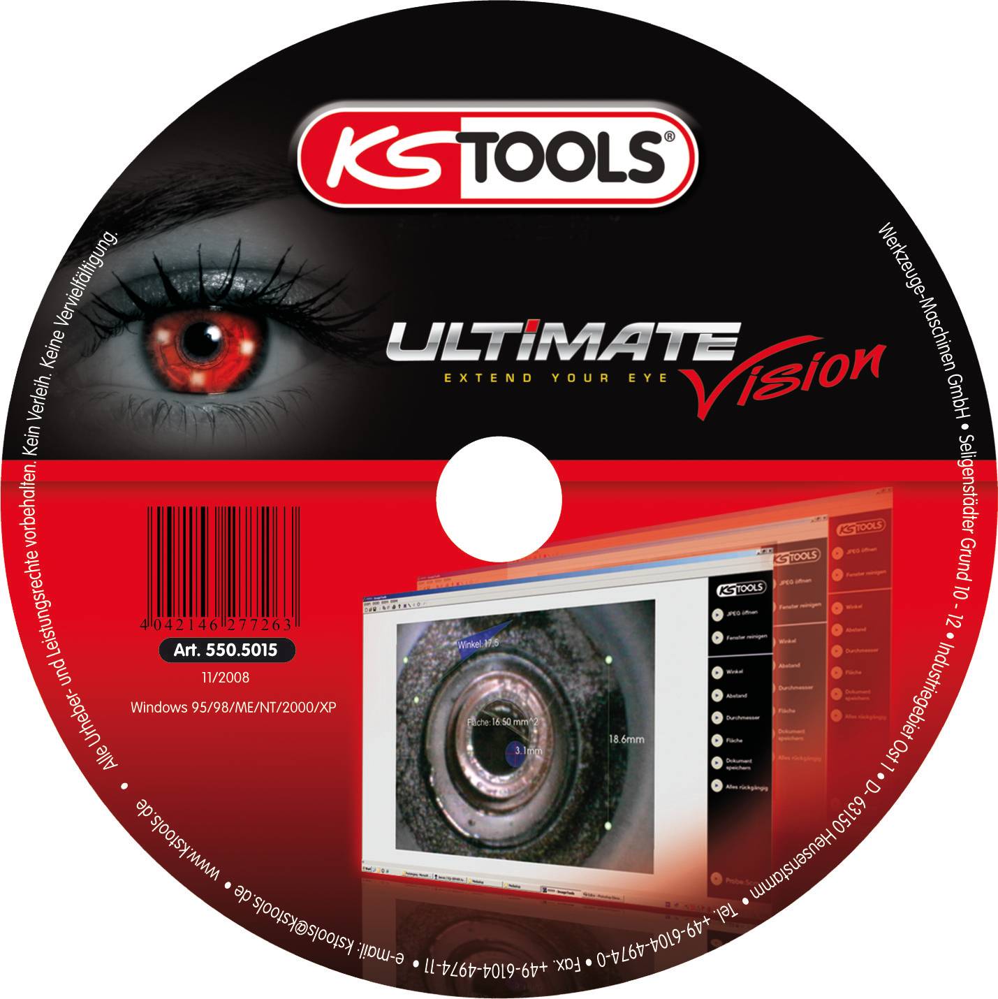 'KS Tools Ultimate Vision' CD, Hauptaugenmerk auf Werkzeuglösung. Rotes und schwarzes Design mit einem Fokus auf ein Auge.