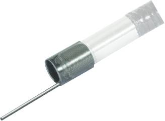 Ein transparenter Stift mit silberner Spitze und leichtem grauen Griff, auf weißem Hintergrund liegend.