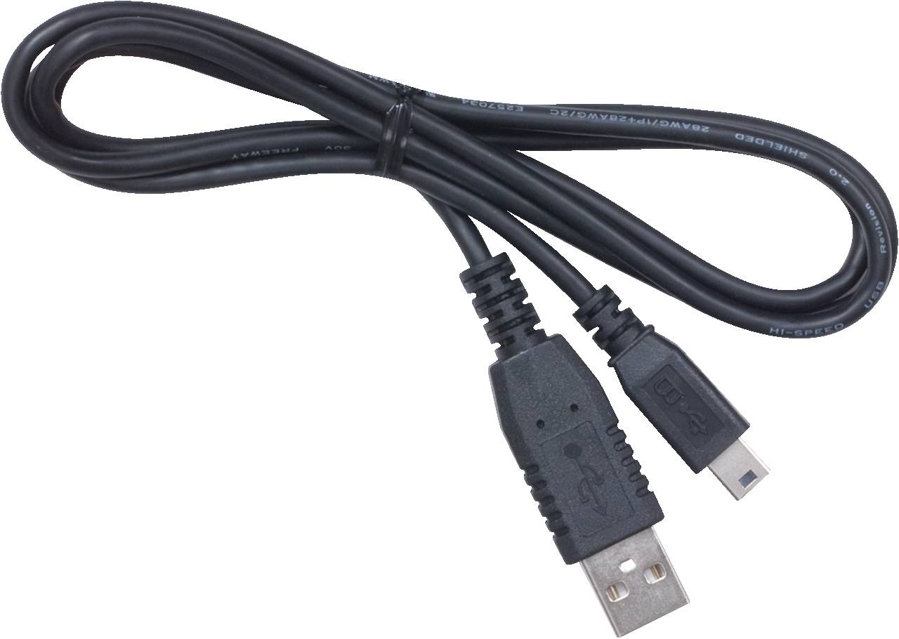 Ein schwarzes USB-Kabel mit einem Standard-USB-Stecker und einem Mini-USB-Stecker, scheinbar verwendet für Datentransfer oder Aufladung.