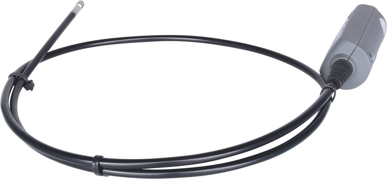 Schwarzes elektrisches Kabel mit grauem Sensoranschluss auf weißem Hintergrund, möglicherweise für technische oder elektronische Anwendungen.