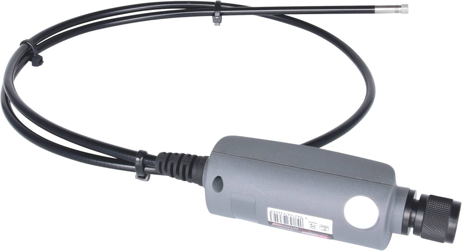 Ein grauer elektrischer Sensor mit einem langen Kabel, genutzt für technische oder wissenschaftliche Messungen.