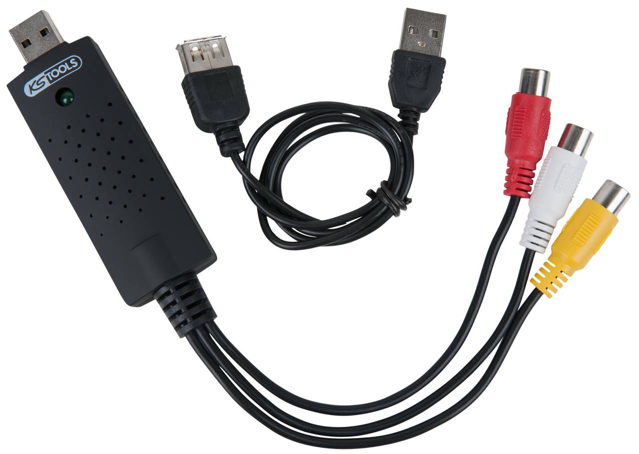 Externer USB-Digitalisierer mit mehreren Kabelanschlüssen: zwei USB-Stecker und drei farbige RCA-Stecker in Gelb, Weiß und Rot.