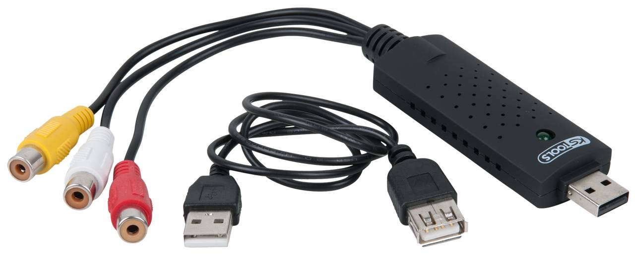 USB-Capture-Karte mit gelbem, weißen, roten AV-Eingang und USB-Anschlüssen, zum Digitalisieren von analogen Videosignalen auf PCs.