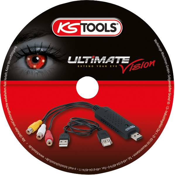 'KS Tools Ultimate Vision' Produkt-Abbildung. Rundes Etikett mit Bild eines Auges oben und USB-Video-Adapter mit Kabelanschlüssen unten.