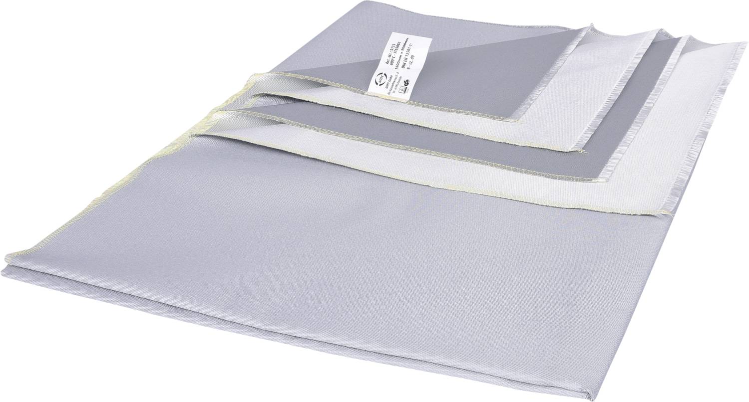 Stapel von silber-grauen Textilien mit Etikett oben, zeigt verschiedene Größen.