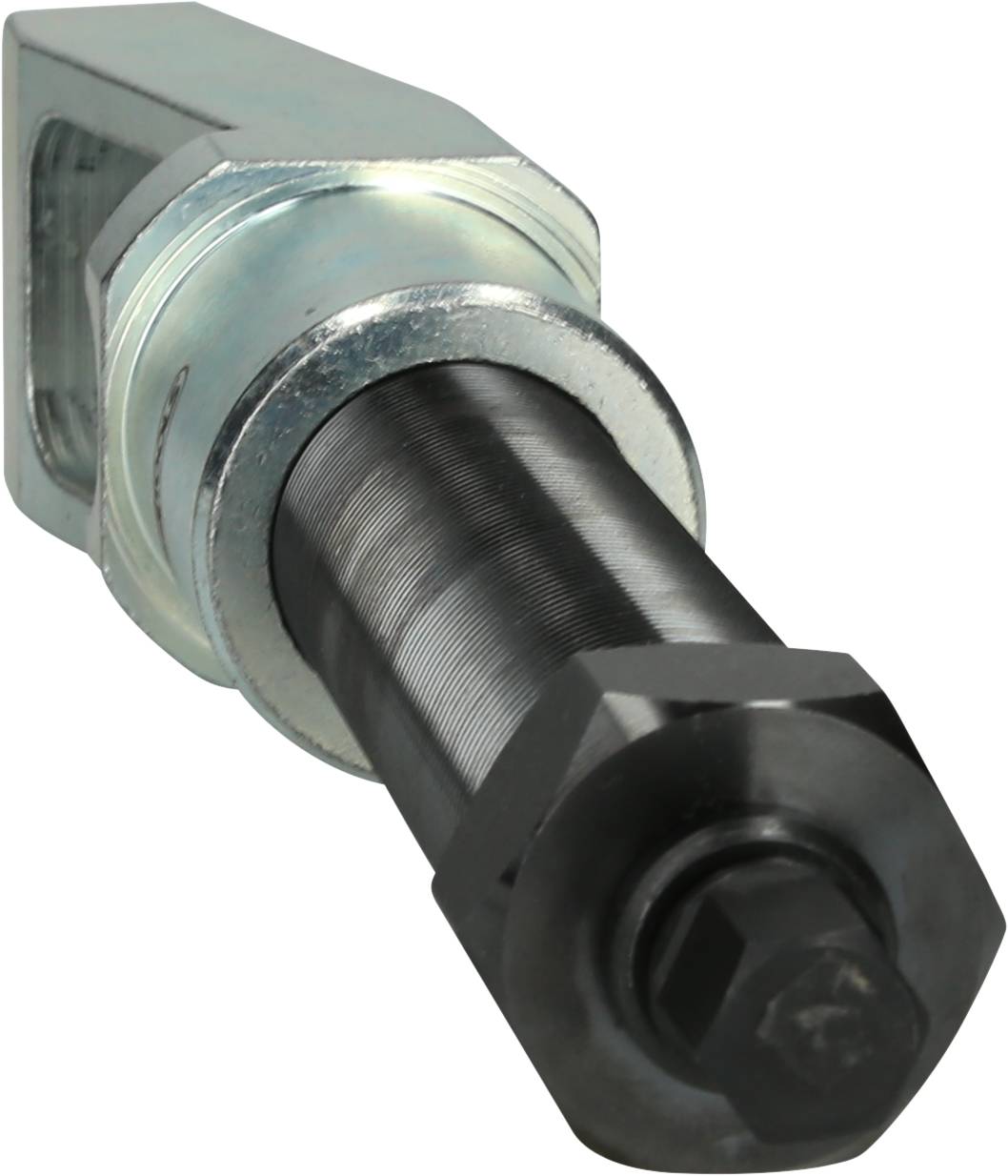 Schraube mit sechseckigem Kopf und einem verstellbaren, gerillten Zylinder aus Metall, geeignet für mechanische Anwendungen.