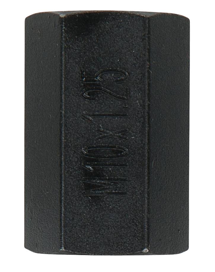 Schwarzer metallischer Adapter, prismatische Form, mit eingeprägter Aufschrift 'M10 x 1,25' an der Seite.
