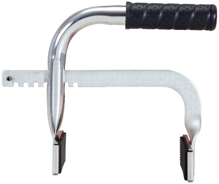 Ein Werkstückhalter aus Metall mit schwarzem, gummiertem Griff, verwendet zum sicheren Halten von Holz oder andere Materialien beim Schneiden.
