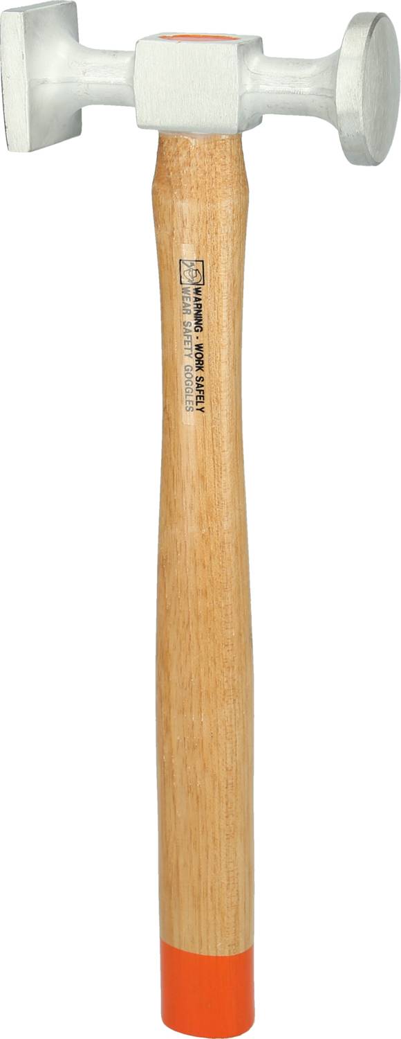 Holzhammer mit zwei Köpfen: einer flach, einer rund. Der Stiel ist aus hellem Holz mit einer orangefarbenen Kappe am unteren Ende.