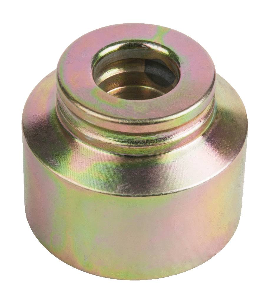 Ein metallisches, zylindrisches Bauteil mit glänzender, leicht irisierender Oberfläche und einer zentralen Bohrung an der Oberseite.