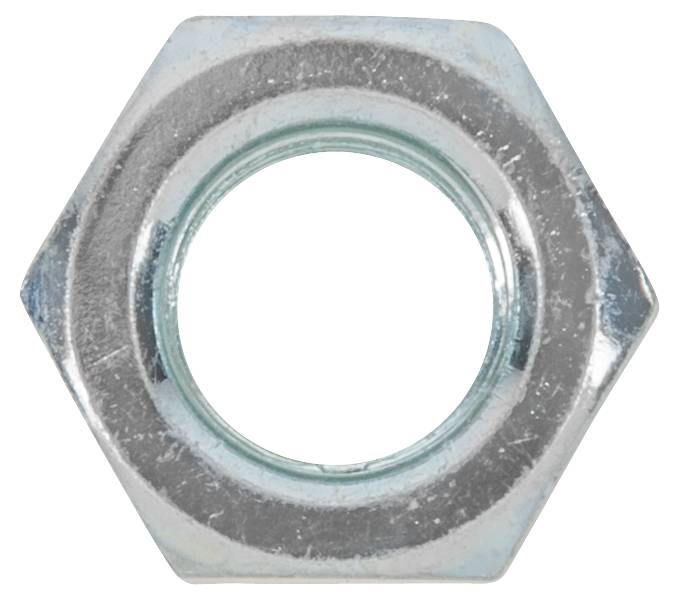 Sechskantmutter aus Metall, dargestellt von oben, zeigt die typische sechseckige Form und das zentrale Gewindeloch.