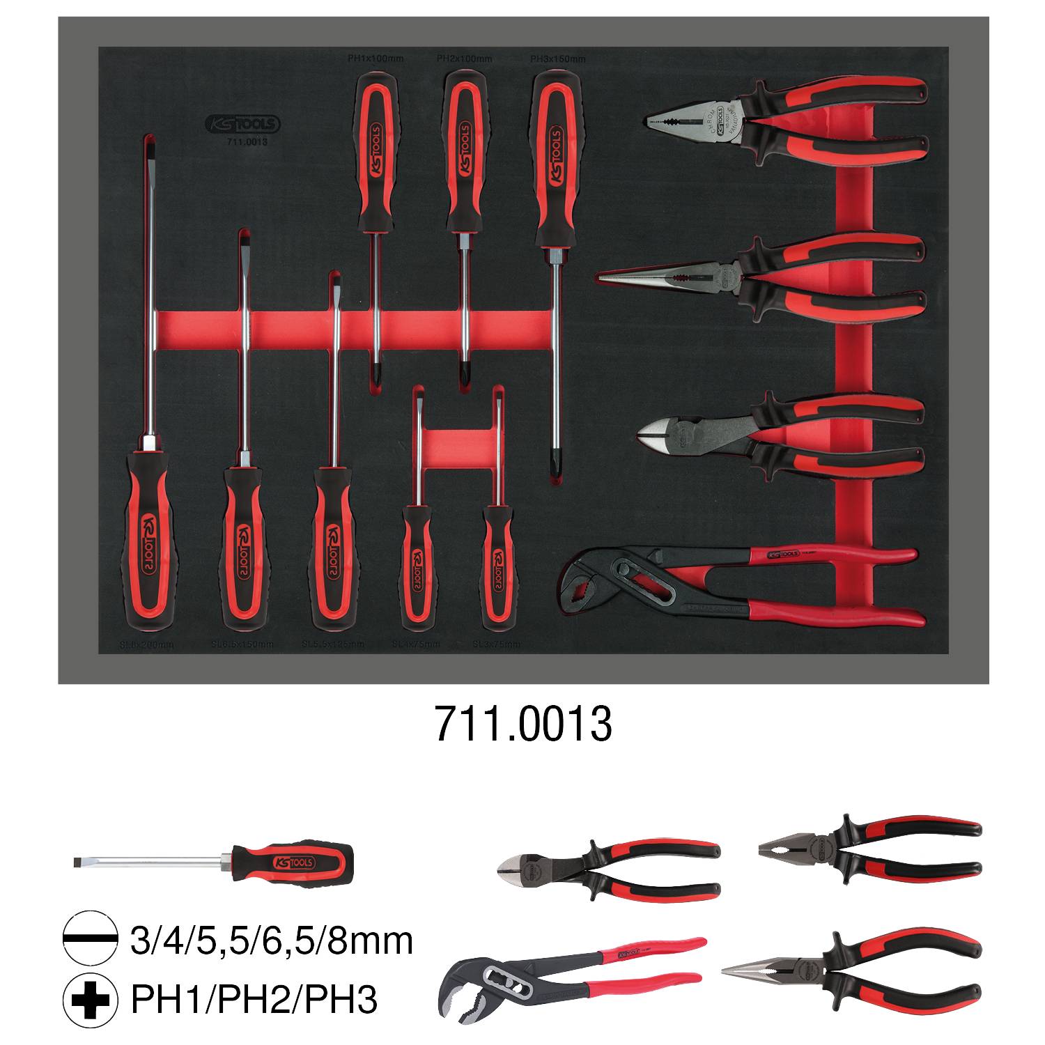 Ein Set von roten und schwarzen Handwerkzeugen, inklusive Schraubendreher, Zangen und einem Ringschlüssel. Modellnummer: 711.0013.
