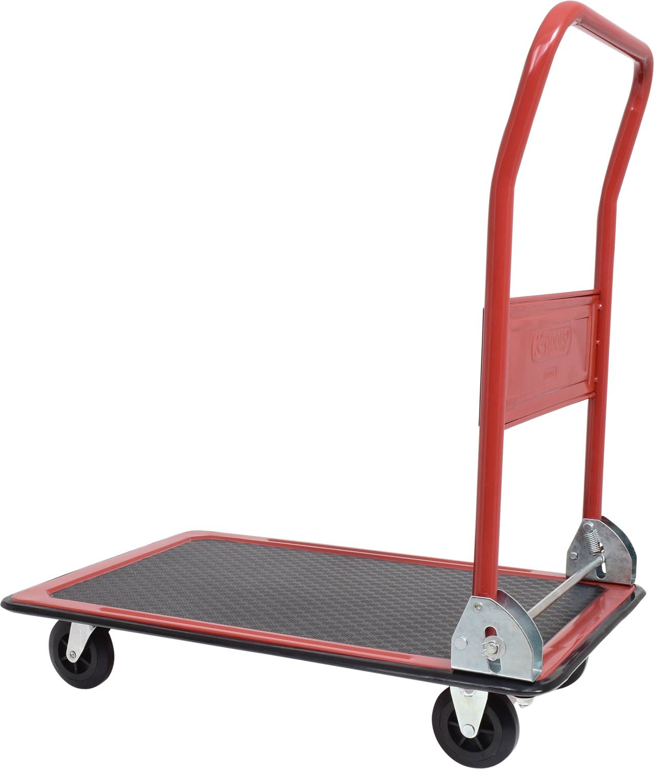 Roter Transportwagen mit schwarzer Plattform und vier Rädern, ideal für den einfachen Transport von schweren Gegenständen.